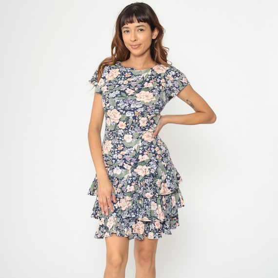 90s Floral Dress Navy Peach Green Open Back Dress Tiered Ruffle Mini Cap Sleeve Fitted Bodice Pastel Floral Cotton Vintage Small S