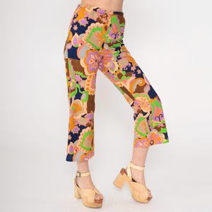 Vintage Psychedelic Bell Bottom Pants 70s High Waist Trousers Neon Floral Cropped Boho Hippie Flared Bohemian Seventies Festival Small xs