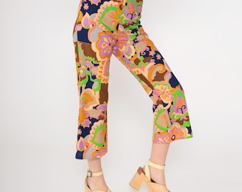 Vintage Psychedelische Schlaghose Schlaghose 70er High Waist Hose Neon Floral Cropped Boho Hippie Schlaghose Boho Seventies Festival Small xs