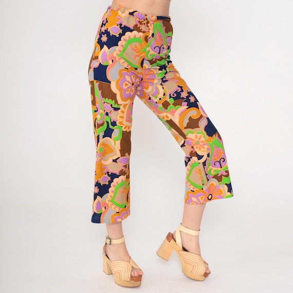Vintage Psychedelic Bell Bottom Pants 70s High Waist Trousers Neon Floral Cropped Boho Hippie Flared Bohemian Seventies Festival Small xs