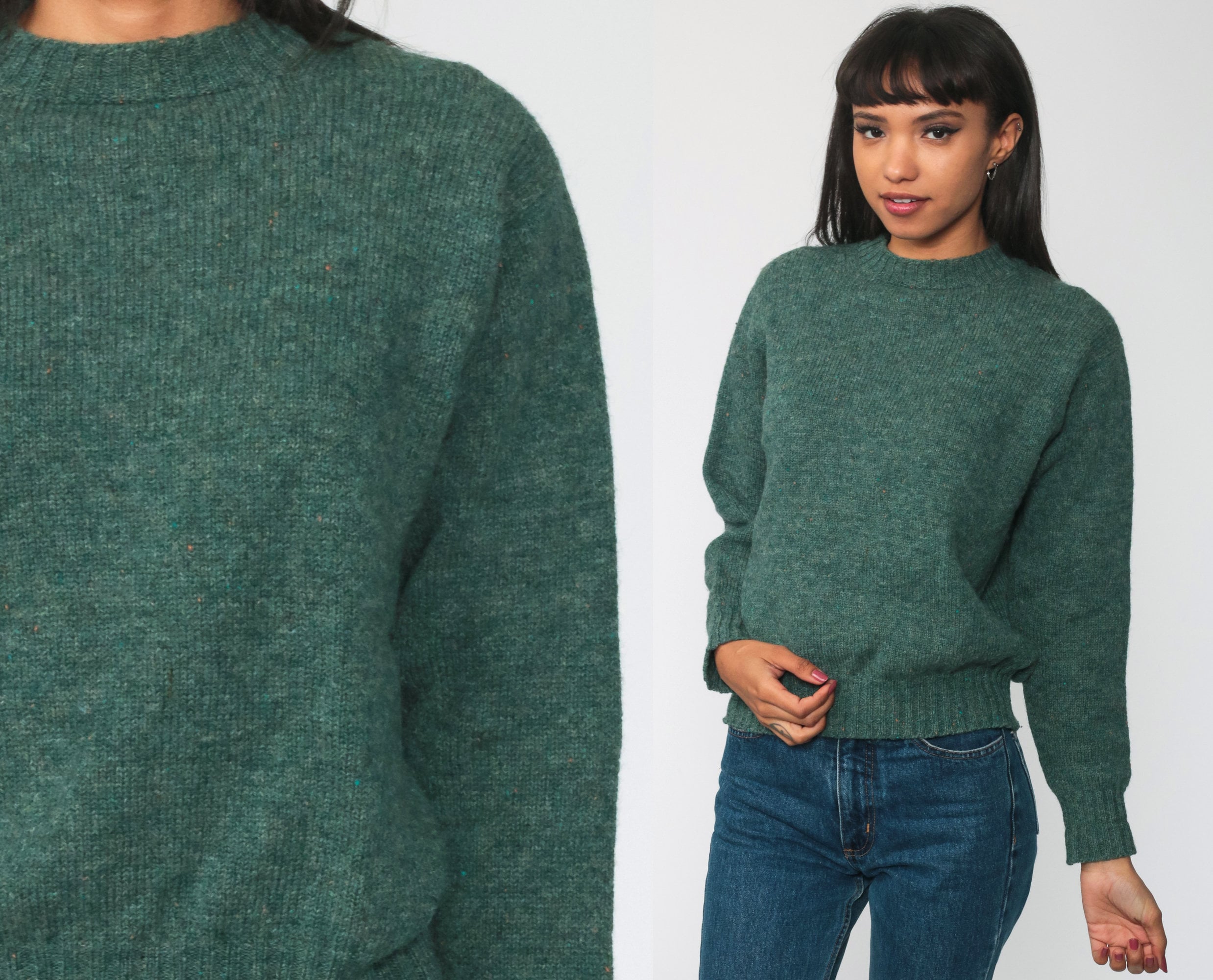 Scottish Wool Sweater 80s Pullover Green Knit Sweater Shetland Wool Sweater 1980s Jumper Plain 