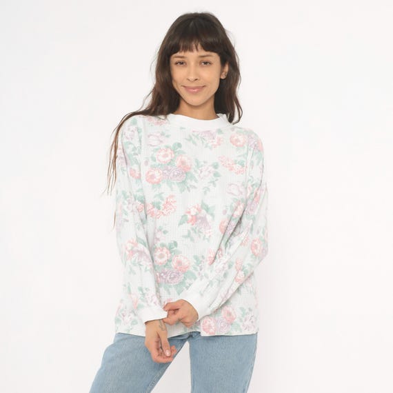 Floral Sweatshirt 90s Pink Lavender Rose Print White Green Garden Cottage Core Flower Blush Lilac Crewneck Top Grandmacore Vintage Large L