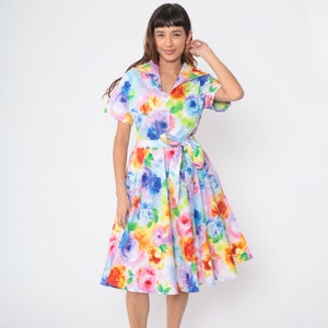 Watercolor Floral Dress Y2K Rainbow Midi Dress Collar V Neck High Waisted Retro Pinup Colorful Short Sleeve Knee Length Vintage 00s Medium M image 4