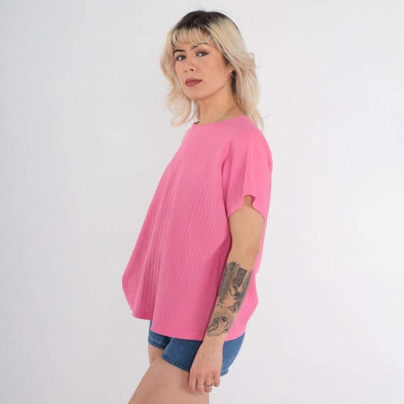 90s Pink Shirt -- Ribbed Polyester Tshirt Plain T… - image 4