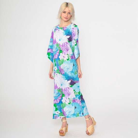 70s Hawaiian Maxi Dress Bell Sleeve Floral Dress Blue Purple Green Hippie Bohemian Festival Column Boho Vintage 1970s Small Medium 6/8