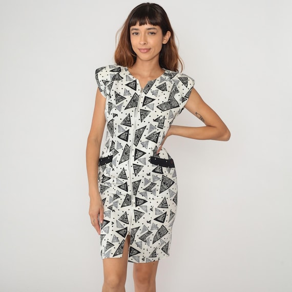 Y2K Triangle Dress White Black Gray Geometric Pattern Mini Vintage 2000s Party Club Bodycon Fitted Rave Cyber Goth Novelty Print Small S