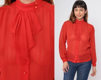 Sheer Jabot Blouse 70s Red Striped Chiffon Shirt Puff Sleeve Boho Top High Neck Ruffle Collar Button Up Romantic Shirt Vintage 1970s Small 6
