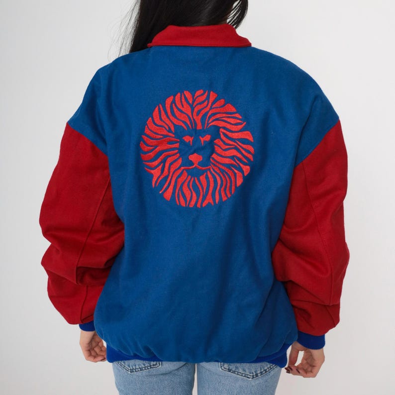 Vintage 90s Wool Varsity Jacket Lion Embroidery Universidad de Guadalajara Blue Red Color Block Retro Bomber Coat 1990s Large image 6