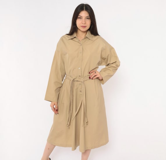 80s Braided Belt Shirt Dress Tan Collar A-Line Long Sleeve Khaki Flared Skirt Beige Minimal Camel Safari Style Shirtdress Vintage Large L