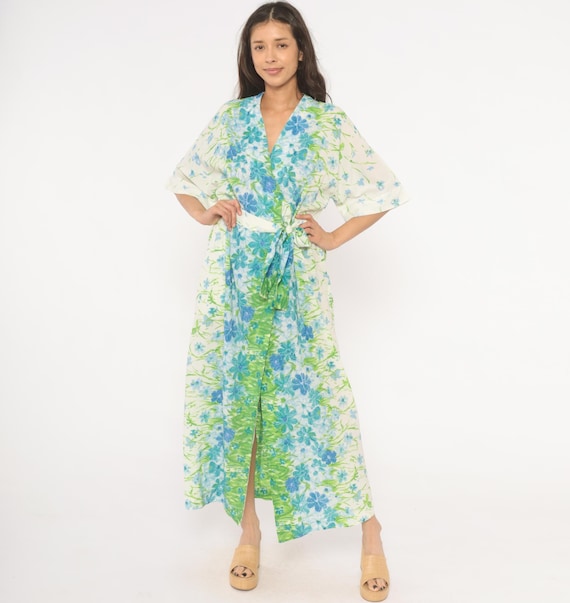 70s Floral Kimono Robe Blue Green Watercolor Print Maxi Wrap Dress Tie Waist V Neck Housecoat Duster Coverup Cottage Core Summer Medium M