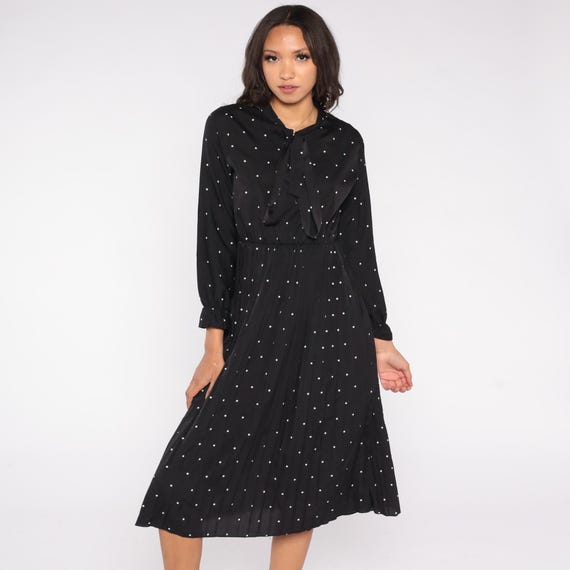 Y2K Black Polka Dot Dress White Dots Pussy Bow Tie Neck Long Sleeve Elastic Waist Midi Pleated Skirt Office Gothic Grunge Casual Medium M
