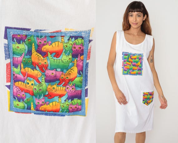 Rainbow Kitties Dress 90s Cat Print Pajama White Cotton Sleeveless Neon Colorful Tank Shift Summer PJs Loungewear Casual Vintage Large L