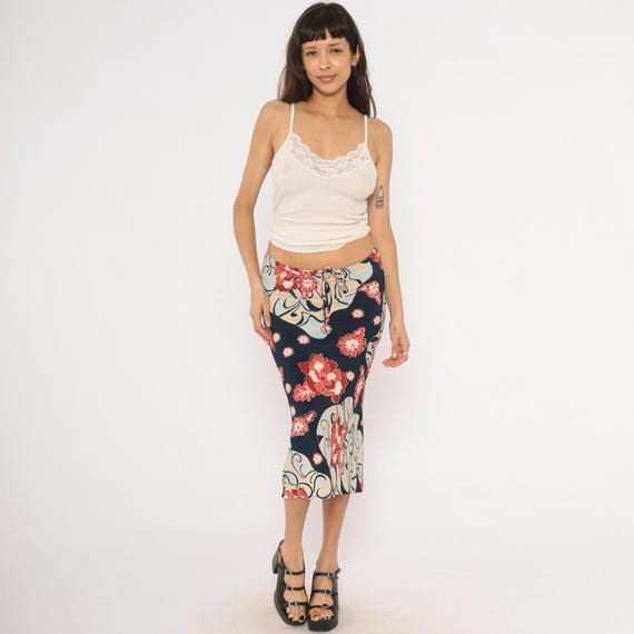 Y2K Floral Midi Skirt Navy Red Swirl Print Low Rise Tie Front 2000s Inspired Peony Cream Fitted Pencil Slip Style Vintage Bias Cut Medium M