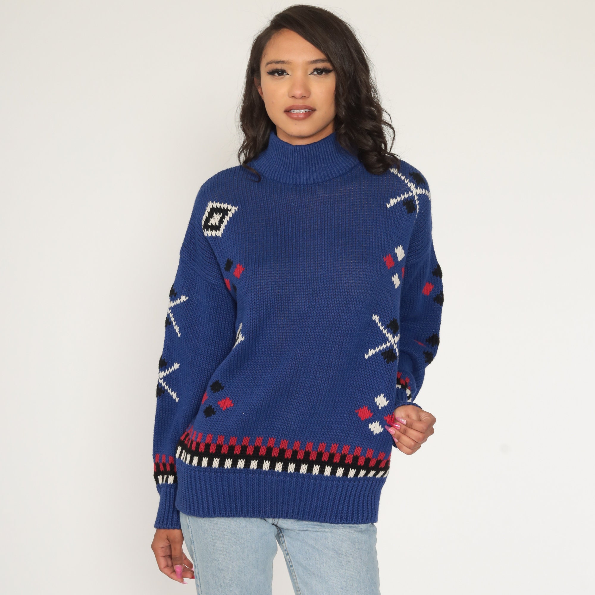 80s GEOMETRIC Sweater Esprit Mock Neck Cotton Ramie Knit Jumper