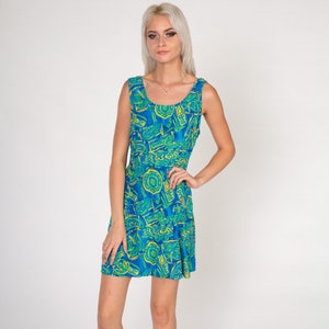 Tropical Mini Dress 90s Sundress Abstract Palm Tree Print Retro Summer Shift Floral Tank Hawaiian Blue Green Vintage 1990s Small Medium
