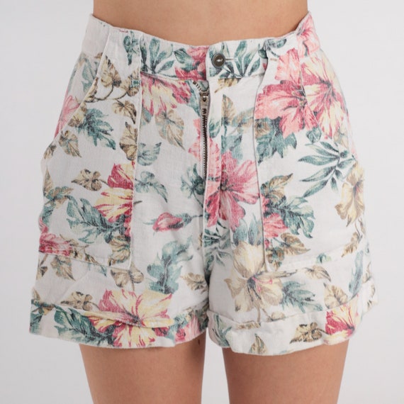 Floral Shorts 90s High Waisted Shorts Retro White Flower Print Mom Shorts Cargo Pockets Summer Boho Flax Cotton Vintage 1990s Extra Small xs