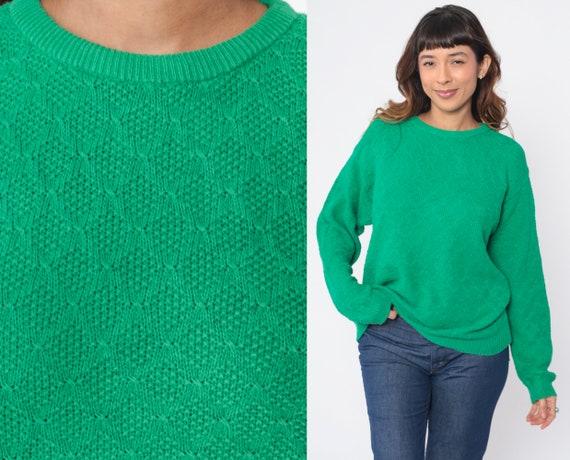 80s Diamond Knit Sweater Green Sweater Slouchy Kn… - image 1