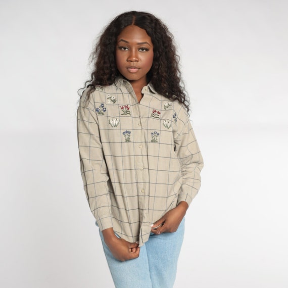 Checkered Floral Blouse 90s Embroidered Button Up… - image 5