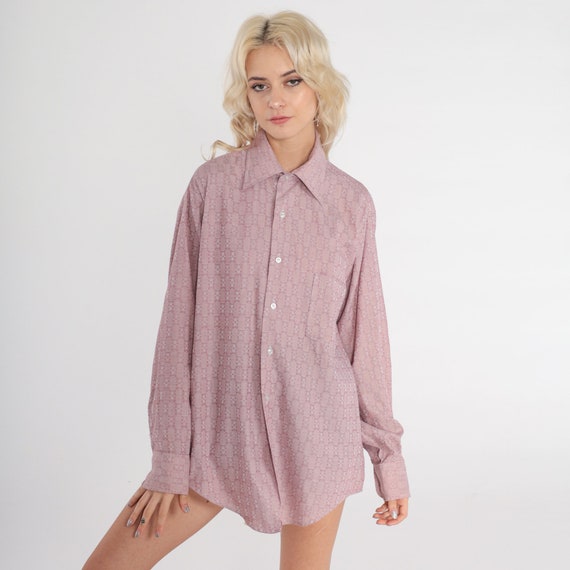 70s Geometric Shirt Burgundy Oxford Psychedelic Print Shirt Boho Disco Hippie Top 1970s Vintage Bohemian Button Up Long Sleeve Large L