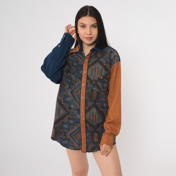 90s Western Shirt Panhandle Slim Colorblock Pattern Long Sleeve Snap Button Cowboy Rodeo Westernwear Brown Blue Southwest Mens Medium M