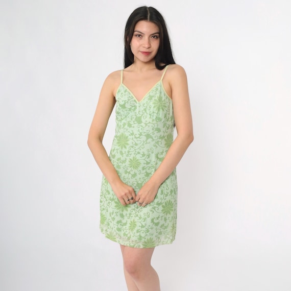 Vintage Y2K Floral Mesh Dress Green Summer Party Dress 90s Flower Scroll Print Mini Sundress Boho Spaghetti Strap 1990s Empire Small S