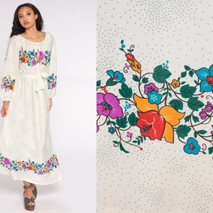 Floral Maxi Dress 70s Long Peasant Dress White Dots High Waist Long Sleeve Hippie Boho 1970s Off Shoulder Bohemian Summer Vintage Medium M