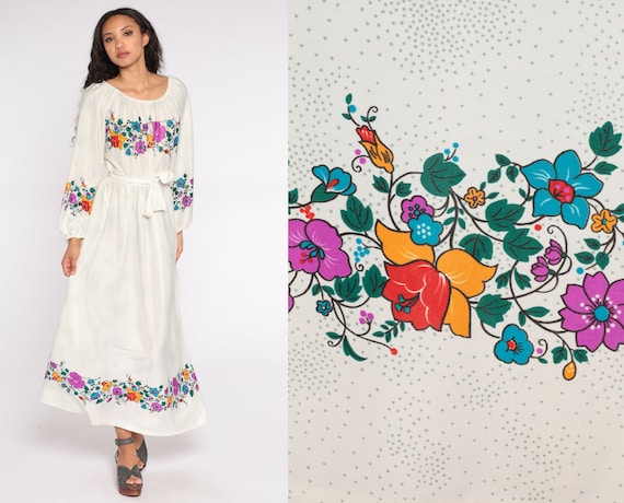 Floral Maxi Dress 70s Long Peasant Dress White Dots High Waist Long Sleeve Hippie Boho 1970s Off Shoulder Bohemian Summer Vintage Medium M