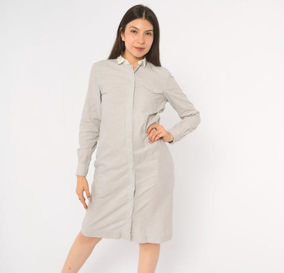 80s Grey Shirt Dress J.G. Hook White Contrast Collar Button Front Long Sleeve Cotton Oxford Shirtdress Preppy Minimalist Vintage Small S