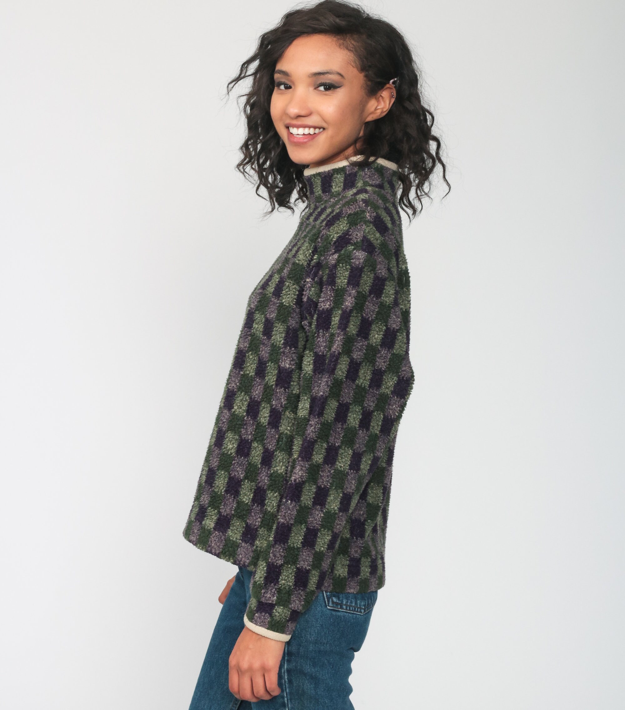 LL Bean Fleece Sweatshirt Pullover Jacket 90s Hiking Mock Neck Sweatshirt Purple Green Geometric 