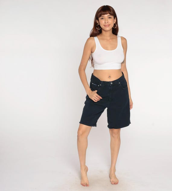 90s Calvin Klein Denim Shorts Black High Waisted Bermuda Length Cotton Button Fly Vintage CK Jeans Minimalist Grunge Alternative Medium W34