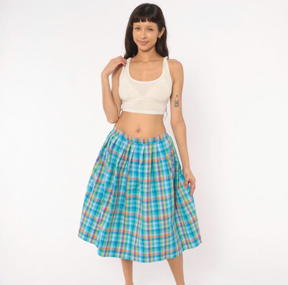 Rainbow Gingham Skirt 80s Pleated Cotton Multicolor Plaid Check Side Full Teal Purple Yellow Pink Preppy Collegiate Summer Vintage Large L