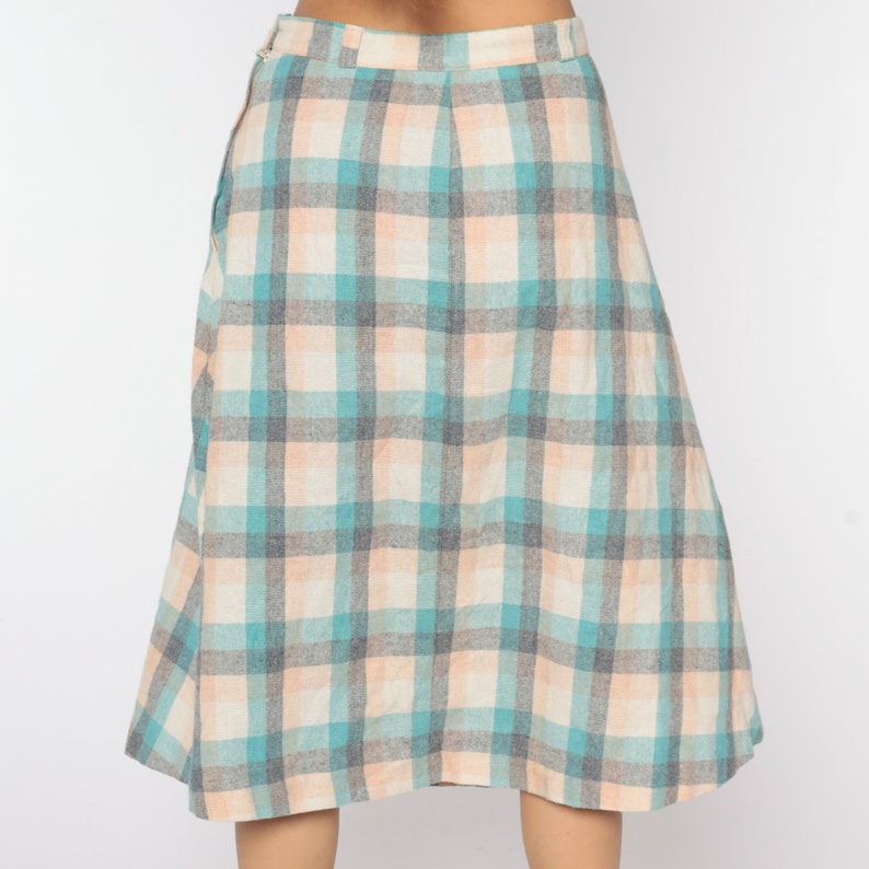 Wool Plaid Skirt Tartan Skirt Midi Kilt School Girl High Waist 70s Checkered Retro Vintage Turquoise White Peach Medium image 6