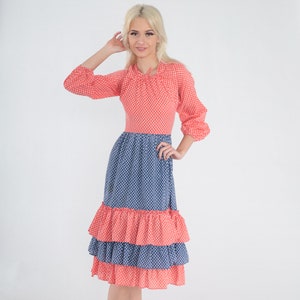 70s Peasant Dress Calico Floral Midi Red Blue Tiered Country Dance Western Square Dancing Cottagecore 3/4 Sleeve Boho Vintage 1970s 2xs xxs