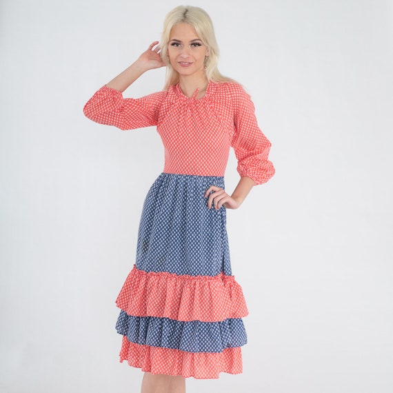 70s Peasant Dress Calico Floral Midi Red Blue Tiered Country Dance Western Square Dancing Cottagecore 3/4 Sleeve Boho Vintage 1970s 2xs xxs