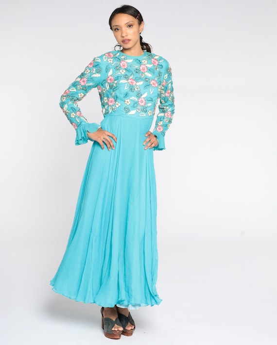 Floral Maxi Dress Embroidered Chiffon Dress 70s Party Long Dress Blue High Waist Hippie 1970s Vintage Long Sleeve Formal Medium 8
