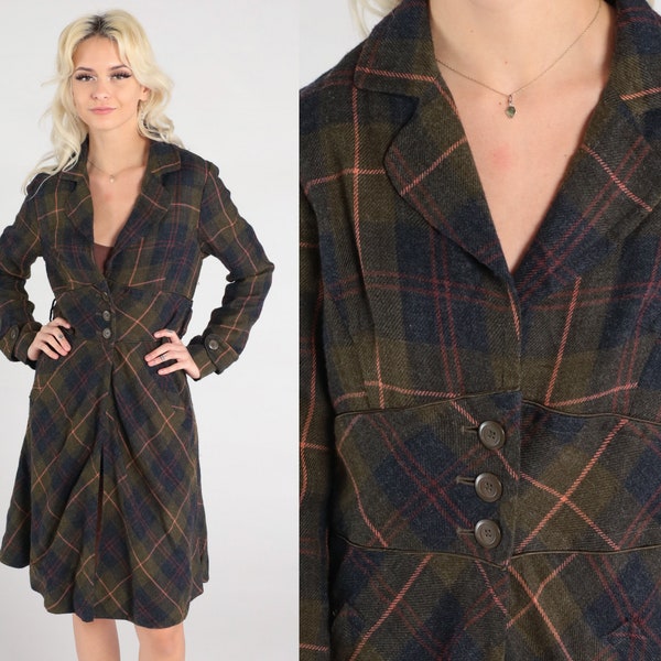 90s Plaid Jacket Olive Green Checkered Jacket Button Up Deep V Neck 1990s High Waist Long Sleeve Black Vintage Extra Small xs