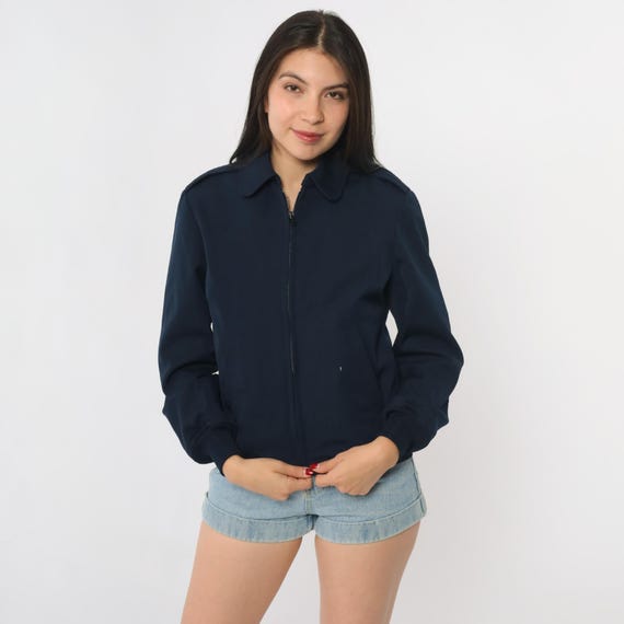 Navy Blue Bomber Jacket Long Sleeve Zip Front Vintage Classic Ribbed Cuffs Athletic Track Jacket Dark Academia Minimalist Military Small S