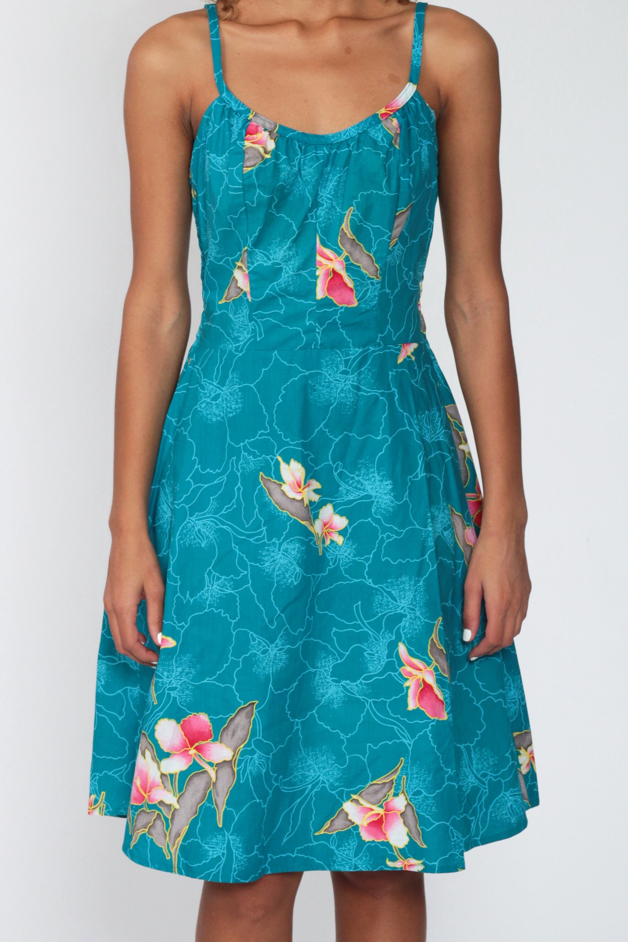 70s Sun Dress HAWAIIAN Floral Print Sundress Midi Blue | Etsy