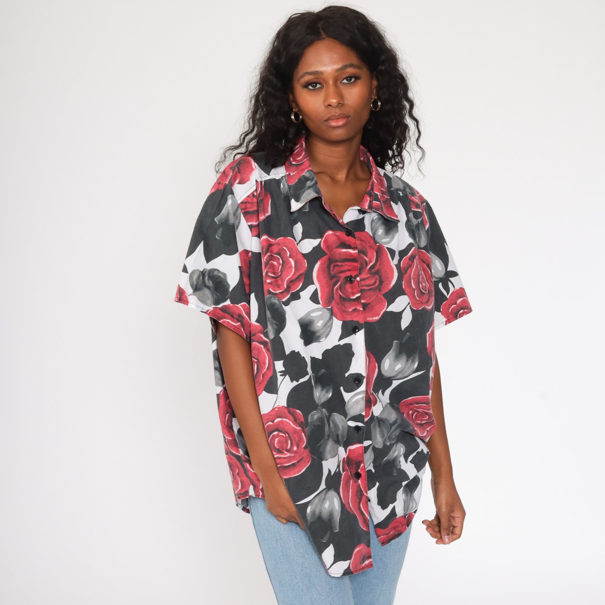black button up with red roses black button up with red roses