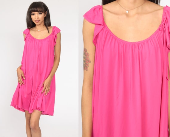 80s Nightgown Bright Pink Nightie Pajamas Lingerie Slip Dress Silky Mini Cutwork Flutter Sleeve Boho Tent Lounge Vintage Medium Large