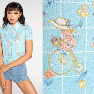 70s Blouse Cute Bike Print Shirt Puff Sleeve Blouse 60s Bicycle Top Boho 1970s Hippie Novelty Vintage Button Up Baby Blue Extra Small xs image 1