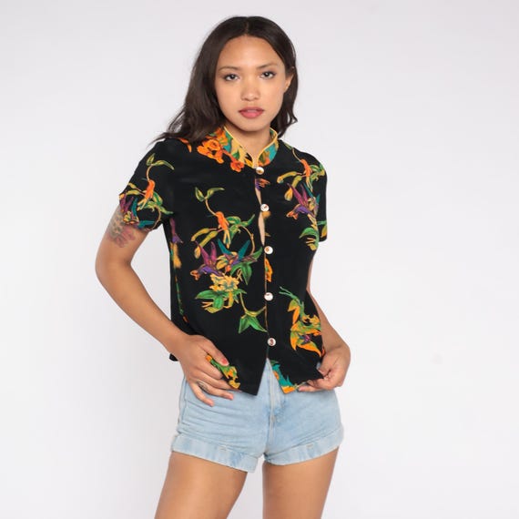 Tropical Bird Top Black Floral Shirt 90s Button Up Short Sleeve Hawaiian Style Vacation Resort Wear Botanical Summer Lightweight Small S