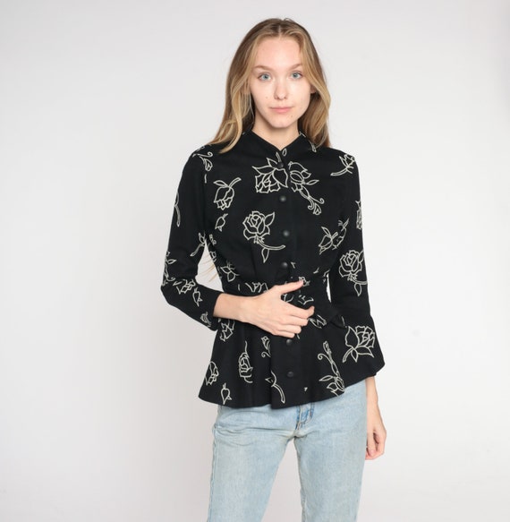 Floral Peplum Blouse Y2k Black Wool Button Up Top… - image 3