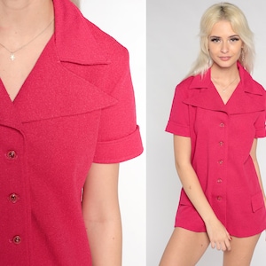 Fuchsia Pink Blouse 70s Collared Blouse Oversized Wing Collar Button up Top Retro Preppy Short Sleeve Secretary Shirt Vintage 1970s Medium M
