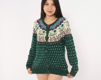 90s Fair Isle Cardigan Sweater Green Mallard Duck Knit Button Front Long Sleeve Nordic Bird Teal Grandpa Cottagecore Northern Isles Medium M
