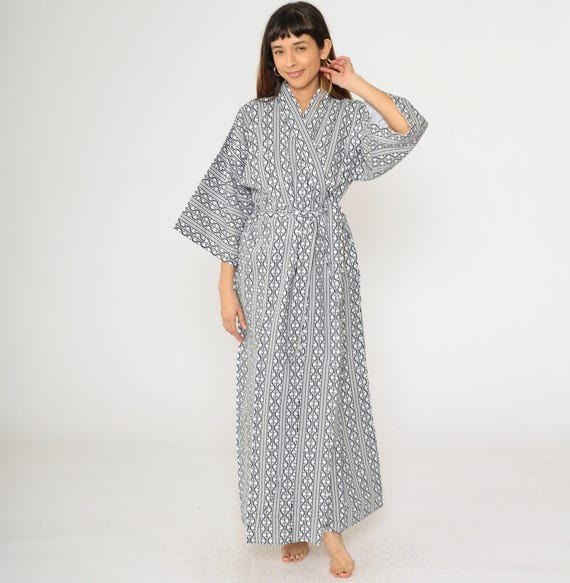 70s Kimono Maxi Robe Blue Geometric Striped Print Long Open Front Jacket Japanese Full Length Boho Vintage 1970s Medium Extra Large M L XL