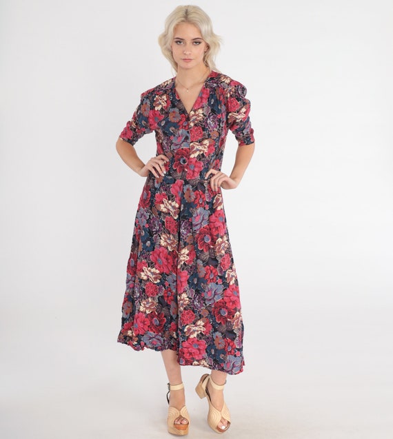 Floral Day Dress 80s Button up Midi Dress Puff Sl… - image 2