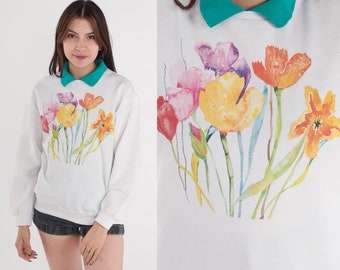 Watercolor Flower Sweatshirt Y2K Collared Floral Sweater Wildflower Graphic Shirt Grandma White Green Collar Vintage 00s Jerzees Medium M