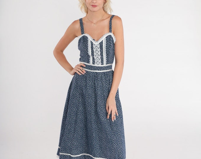 Gunne Sax Dress 70s Prairie Sundress Navy Blue Calico Floral Lace Trim ...
