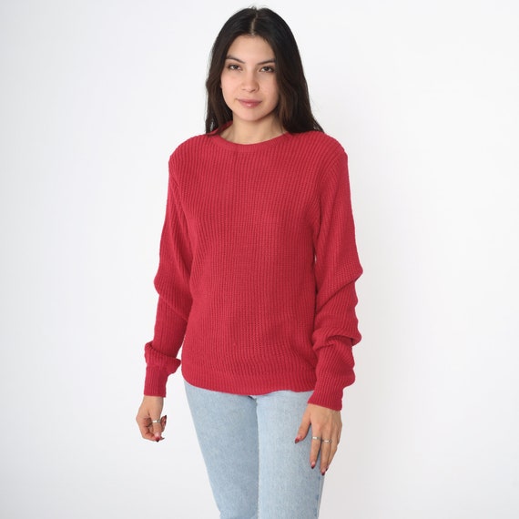 Red Ribbed Sweater 90s Plain Knit Slouchy Pullover Acrylic Crewneck Jumper Basic Minimalist Solid Vintage 1990s Extra Small xs